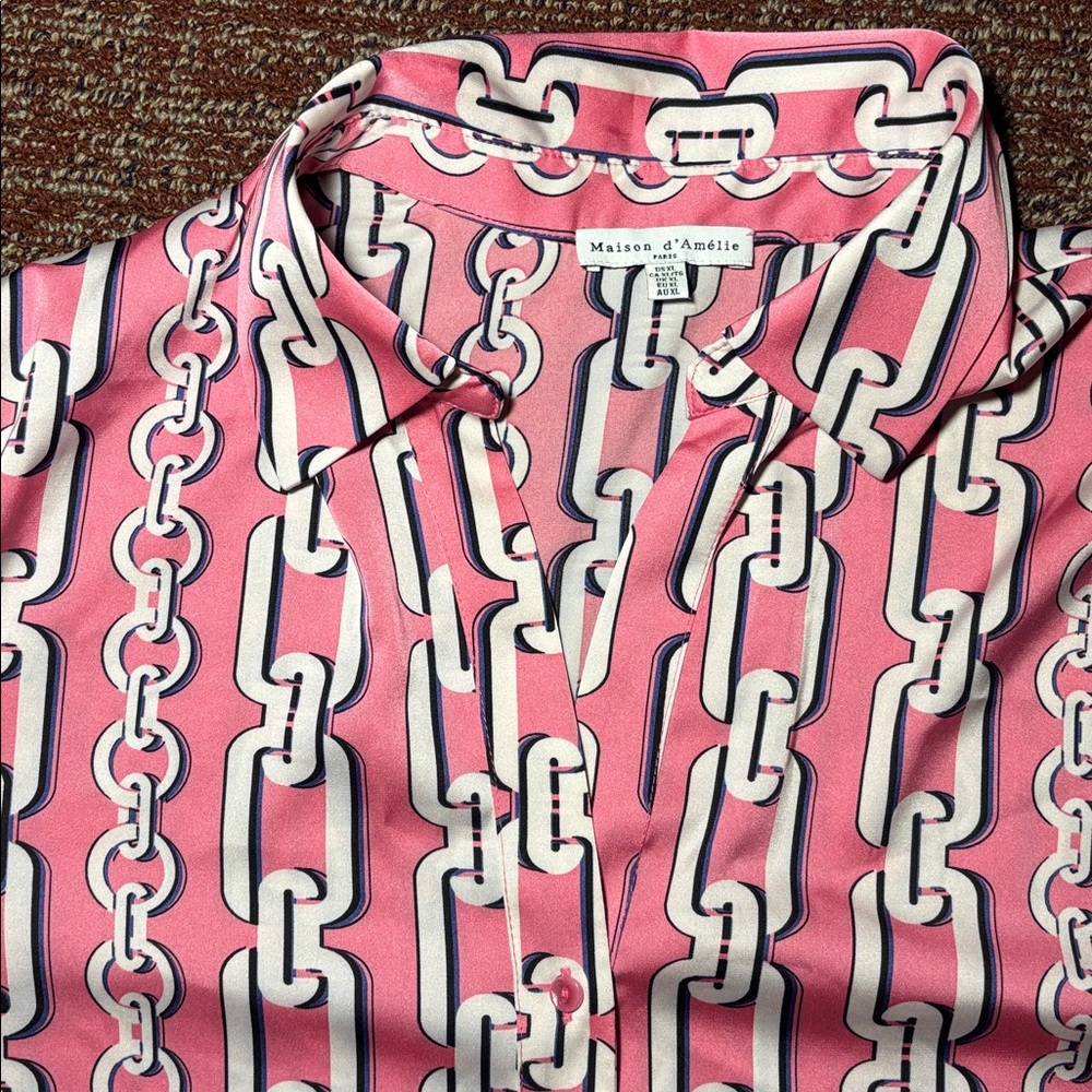 Maison d’ Amélie button down blouse pink Cuban chain link silky v veck - Picture 8 of 15